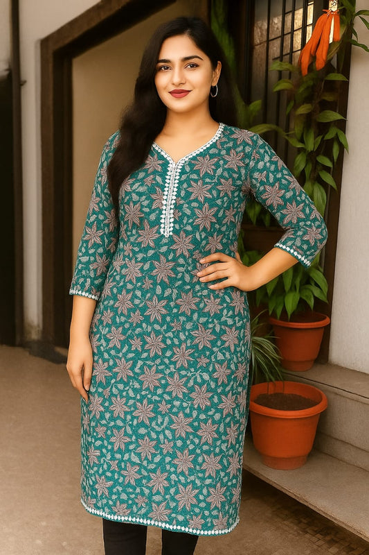 Green Floral Printed Cotton Kurti