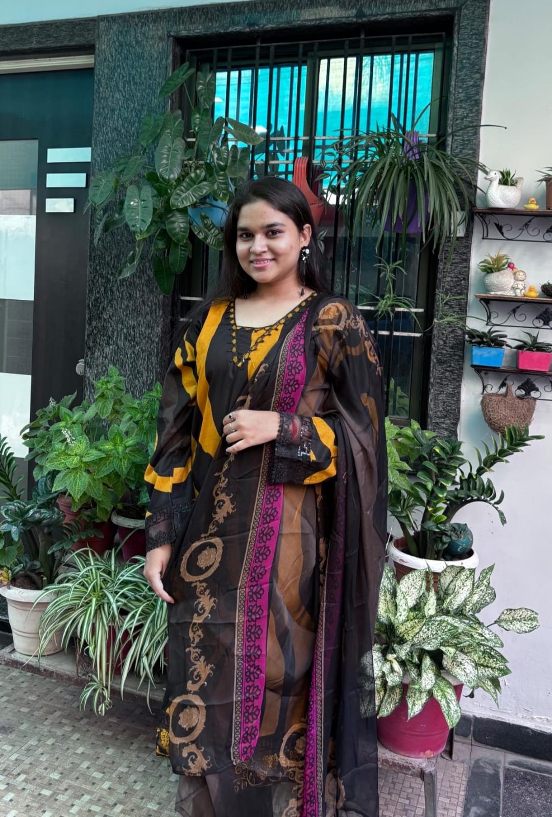 Mustard Black Swirl Pakistani Lawn Cotton Kurta Set