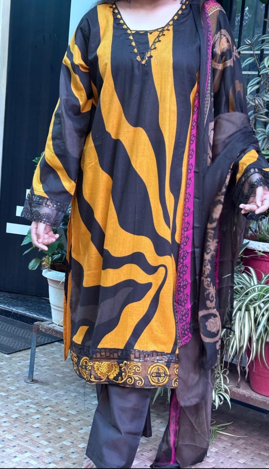 Mustard Black Swirl Pakistani Lawn Cotton Kurta Set