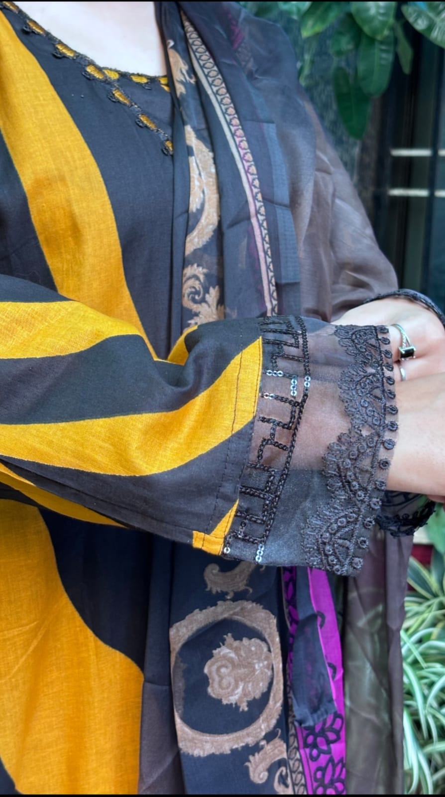 Mustard Black Swirl Pakistani Lawn Cotton Kurta Set