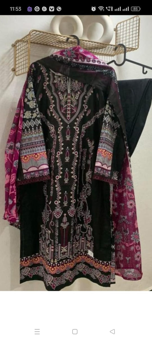 Black & Pink  Lawn Cotton Kurti Pant Dupatta Set