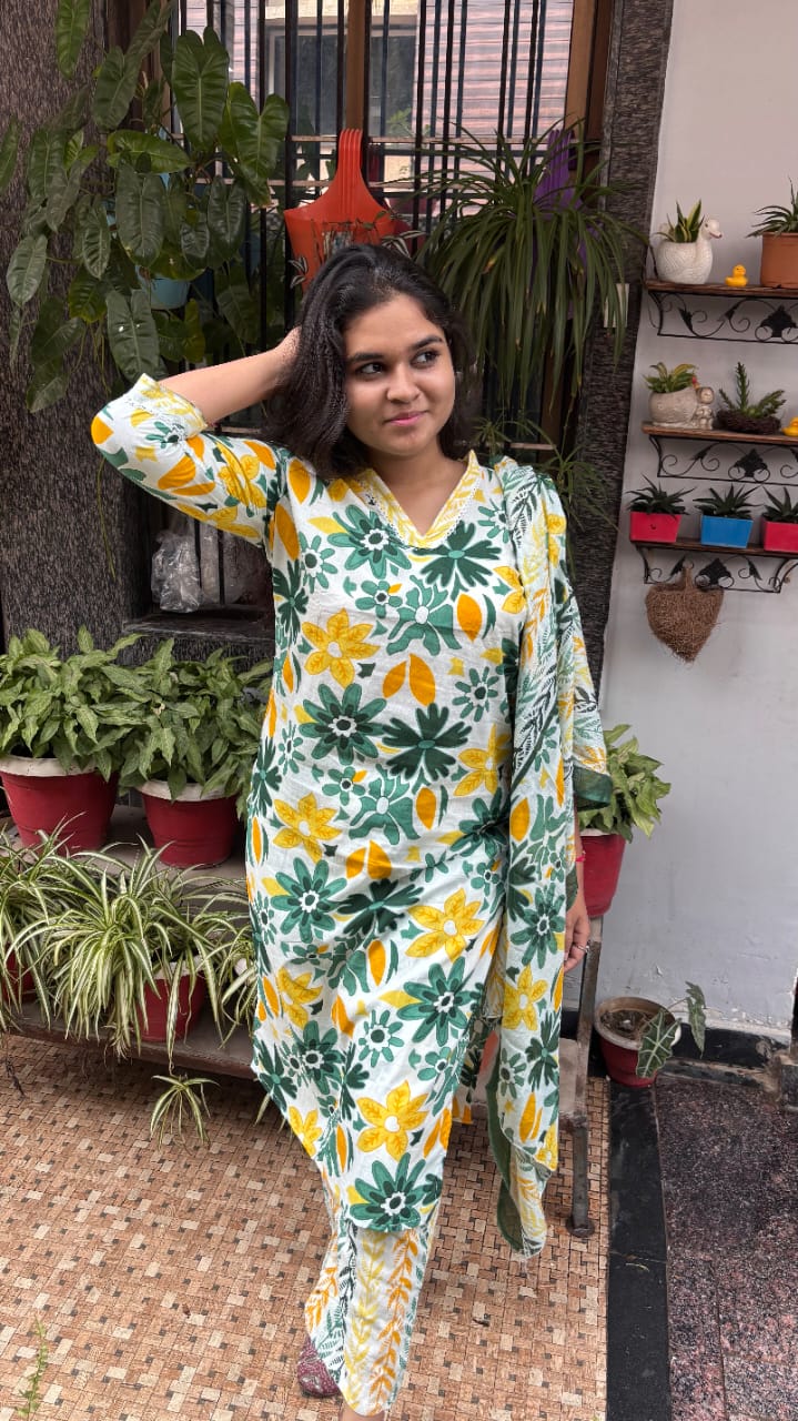 Yellow Floral Print cotton duptta set