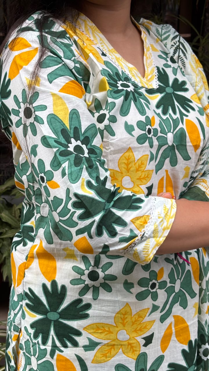 Yellow Floral Print cotton duptta set