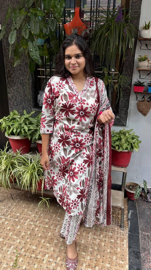 Maroon white Floral print jaipuri dupatta set