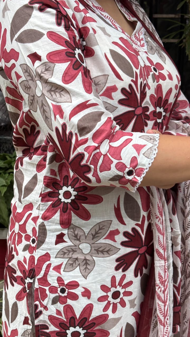 Maroon white Floral print jaipuri dupatta set