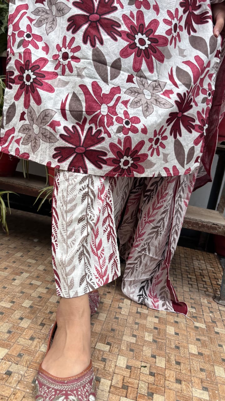 Maroon white Floral print jaipuri dupatta set