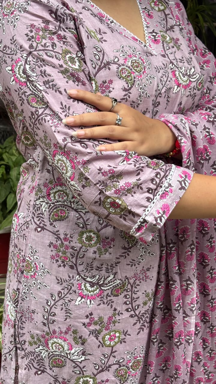Lavender Floral Print Jaipuri Cotton Dupatta Set