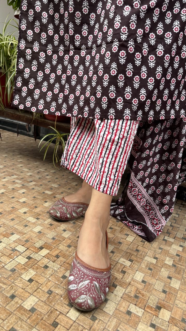 Chocolate Maroon Jaipuri Cotton Dupatta Set