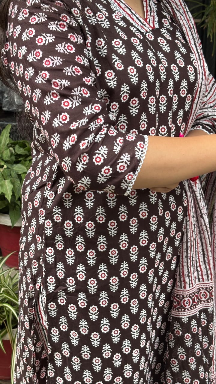 Chocolate Maroon Jaipuri Cotton Dupatta Set