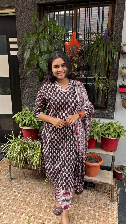 Chocolate Maroon Jaipuri Cotton Dupatta Set