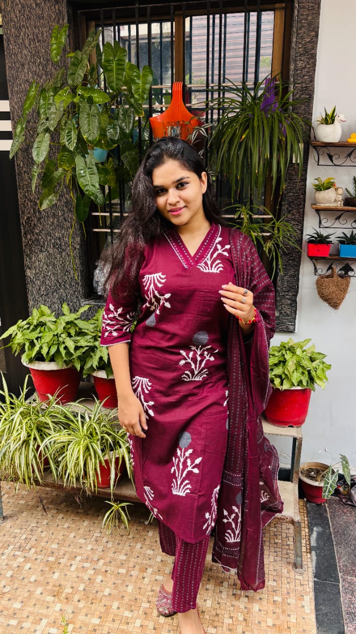 Maroon Handblock Print Cotton Kurti Pant Dupatta Set