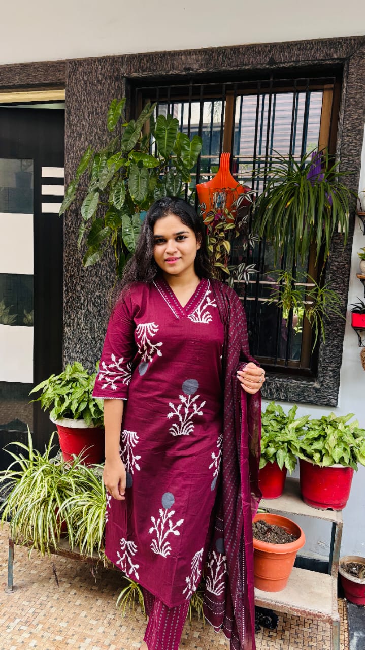 Maroon Handblock Print Cotton Kurti Pant Dupatta Set
