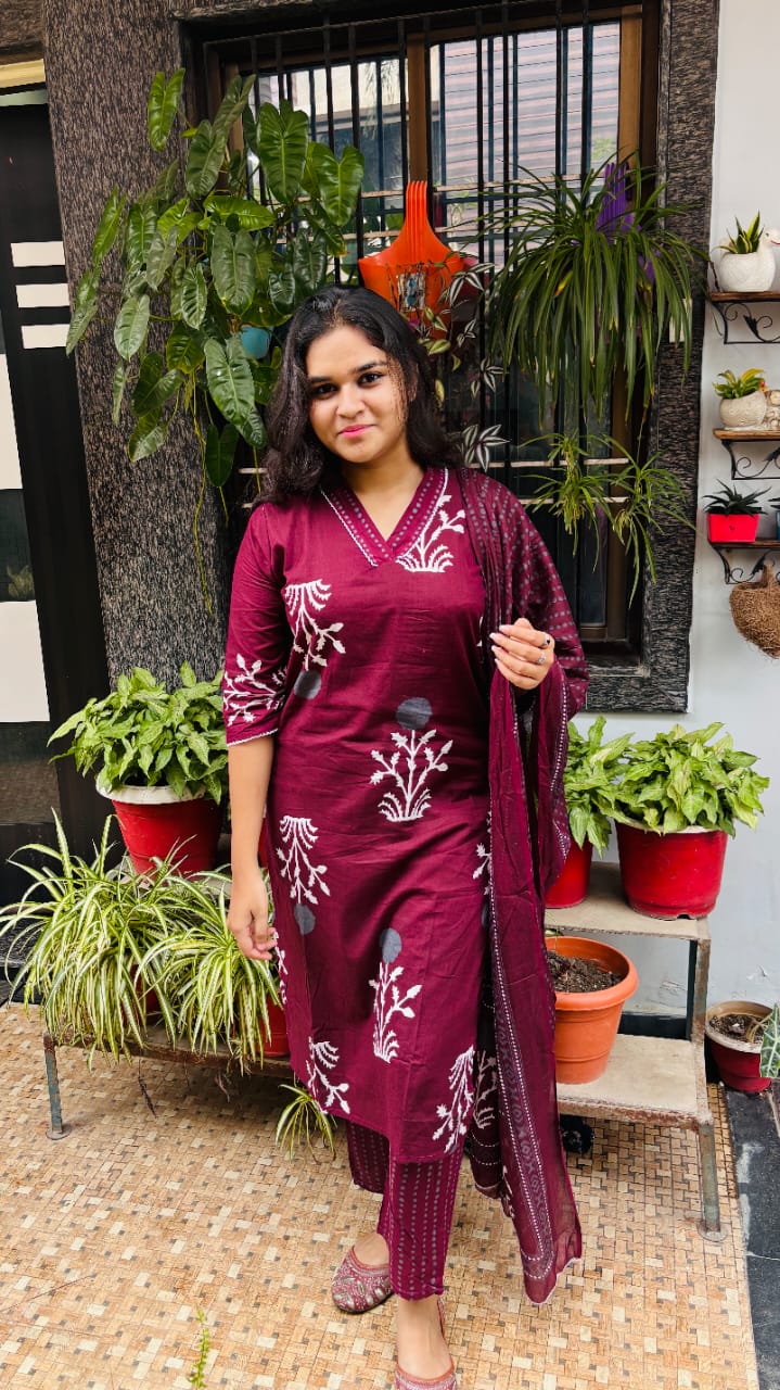 Maroon Handblock Print Cotton Kurti Pant Dupatta Set