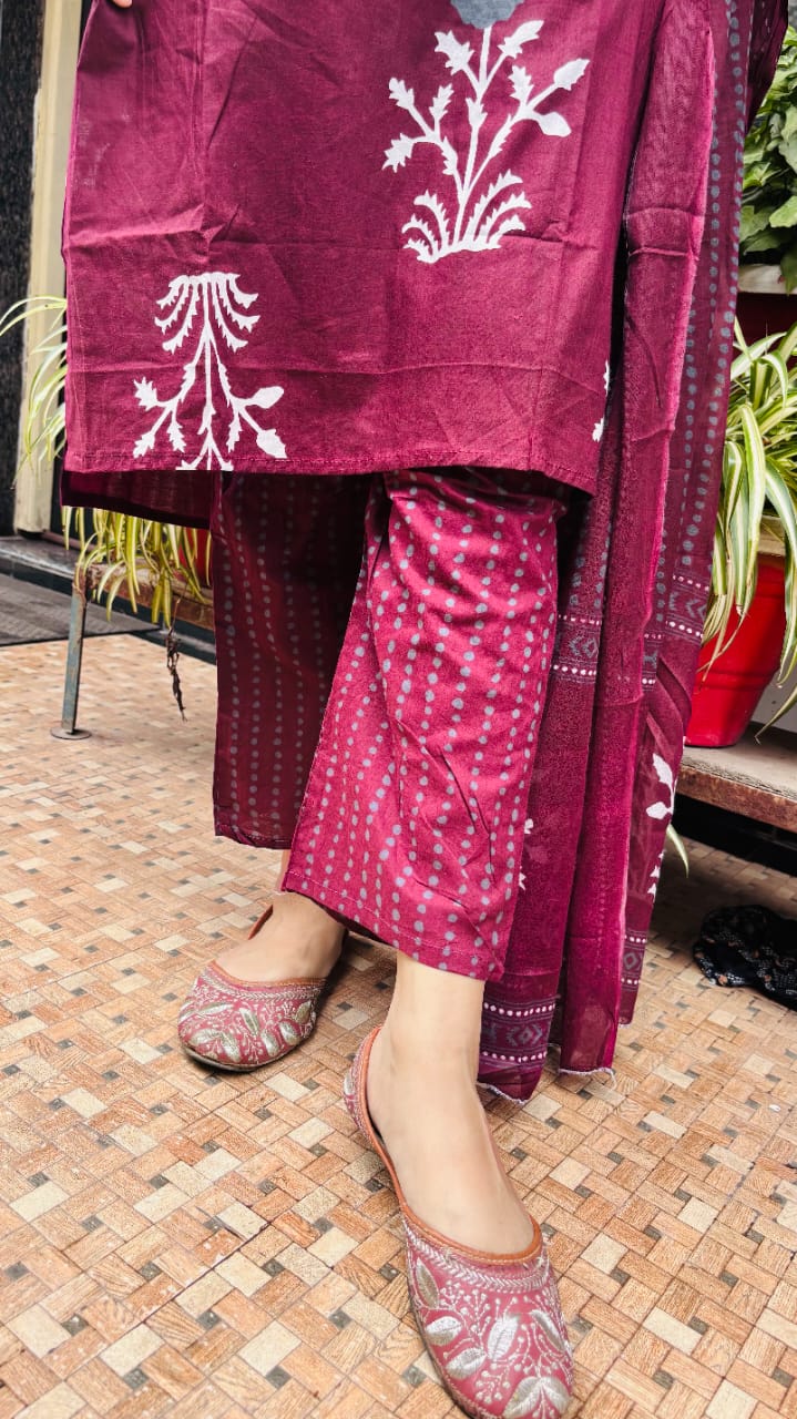 Maroon Handblock Print Cotton Kurti Pant Dupatta Set