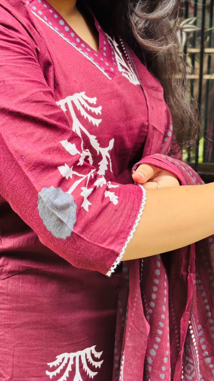 Maroon Handblock Print Cotton Kurti Pant Dupatta Set