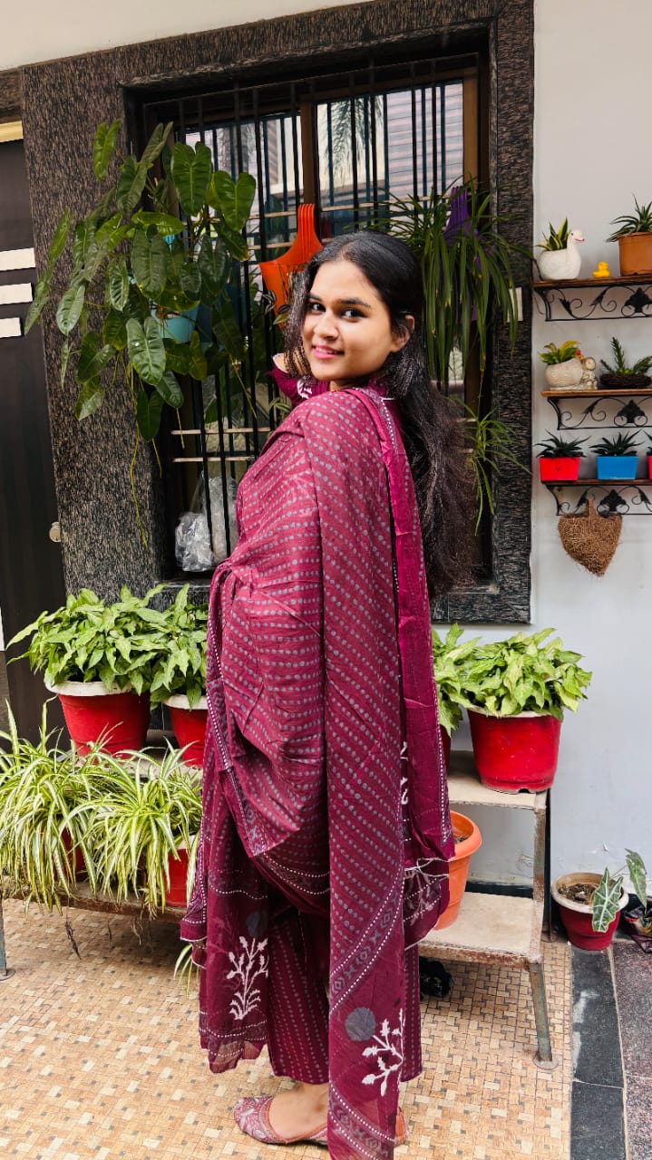 Maroon Handblock Print Cotton Kurti Pant Dupatta Set