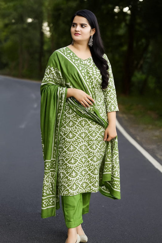 Green Batik Print jaipuri kurti pant dupatta set