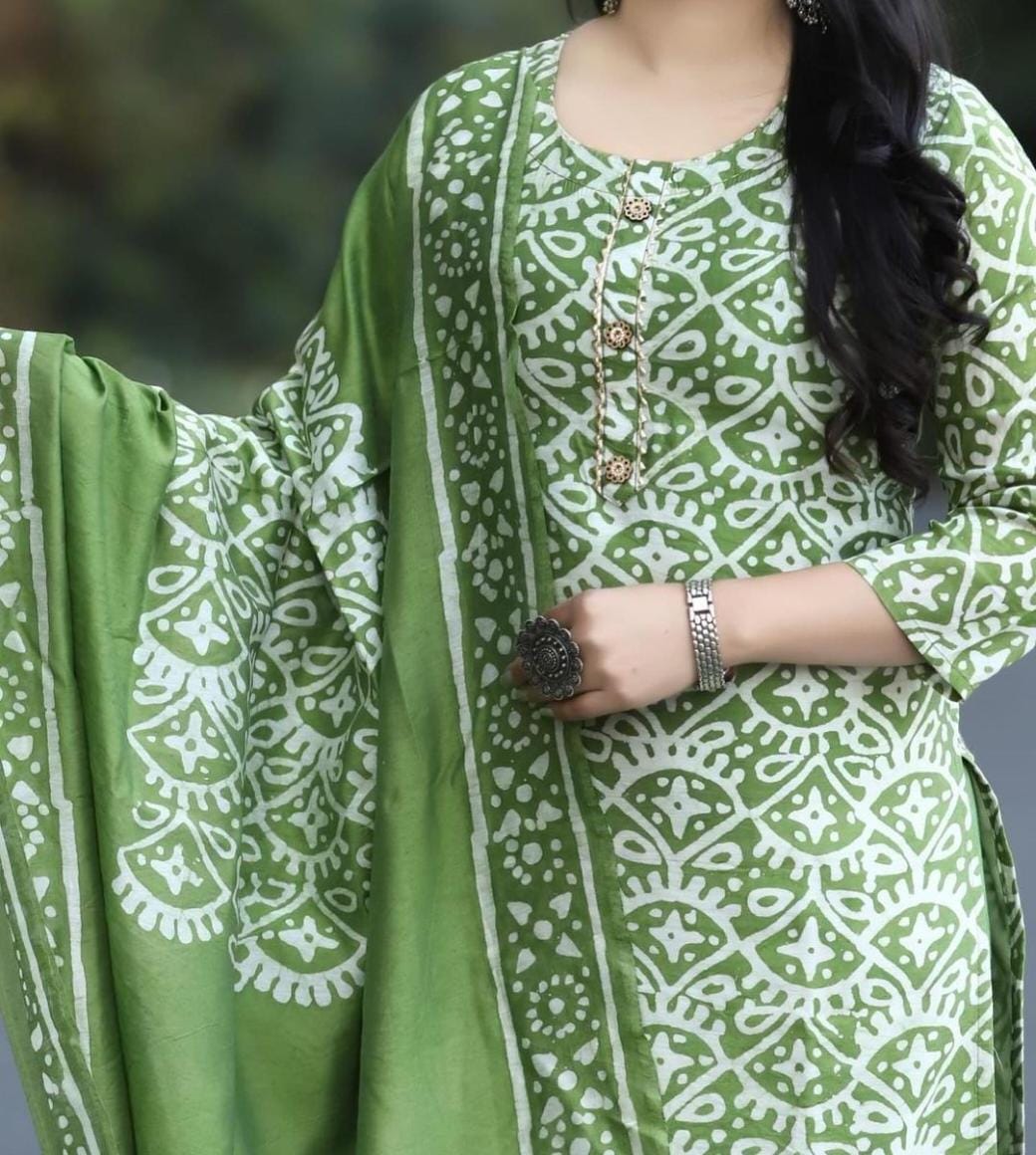 Green Batik Print jaipuri kurti pant dupatta set