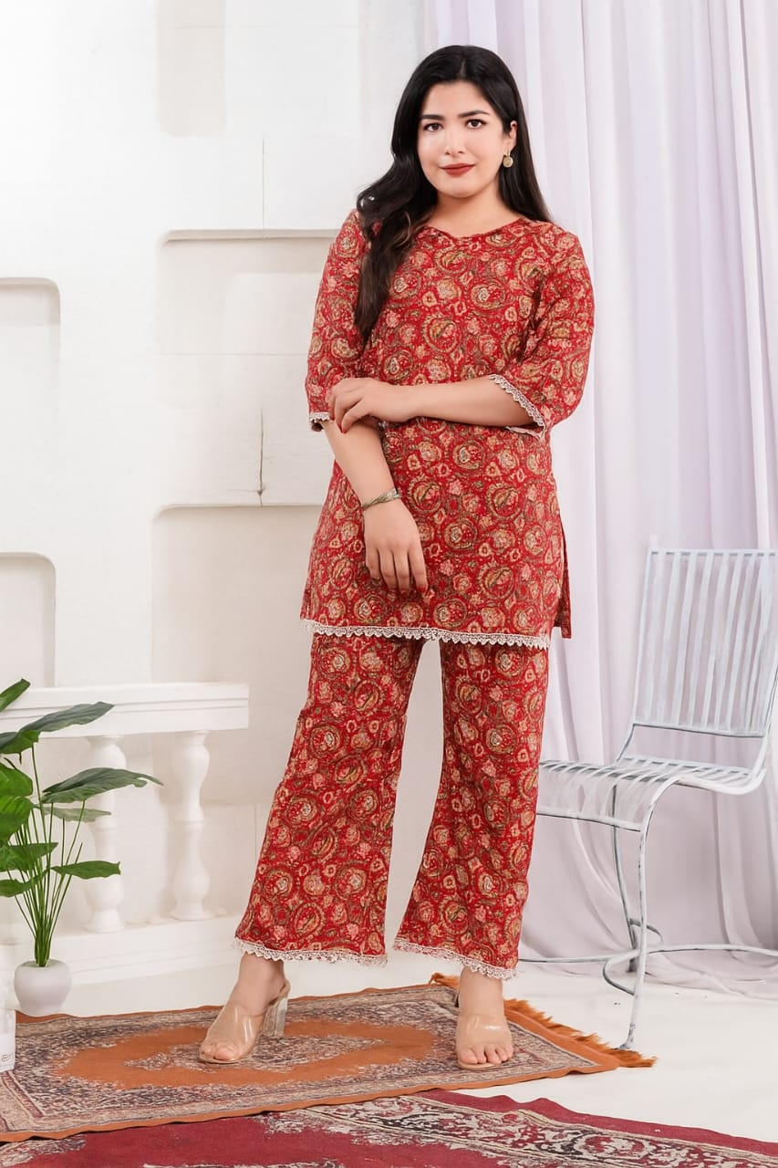 Red Printed Cotton Cord Set.