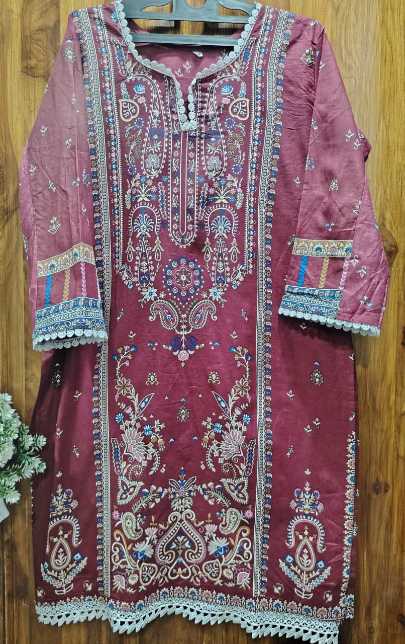 Maroon Digital printed Cotton Kurti pant Dupatta Set
