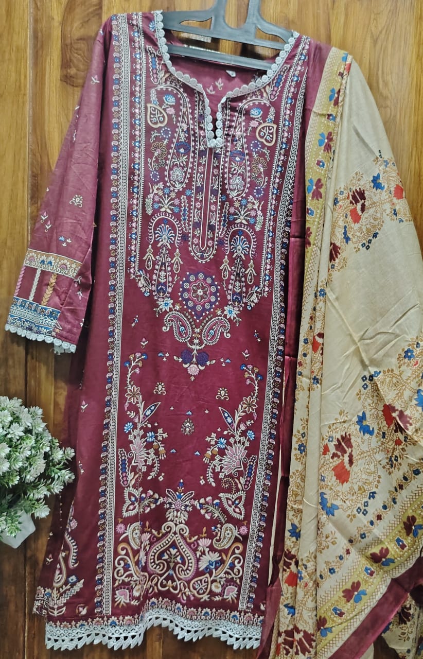 Maroon Digital printed Cotton Kurti pant Dupatta Set
