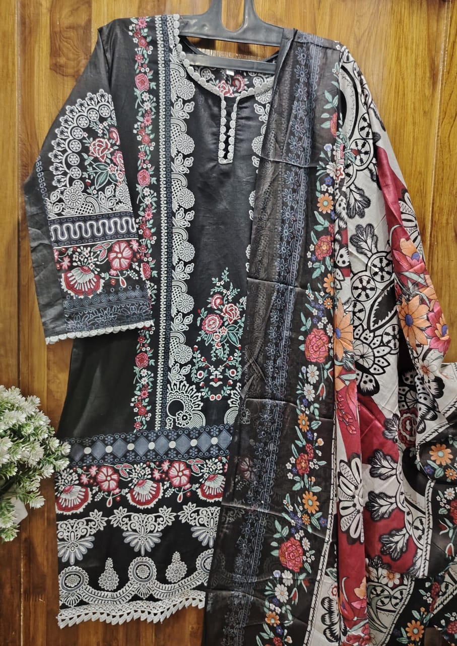 Black Digital printed Cotton Kurti pant Dupatta Set