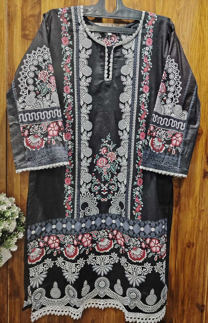 Black Digital printed Cotton Kurti pant Dupatta Set