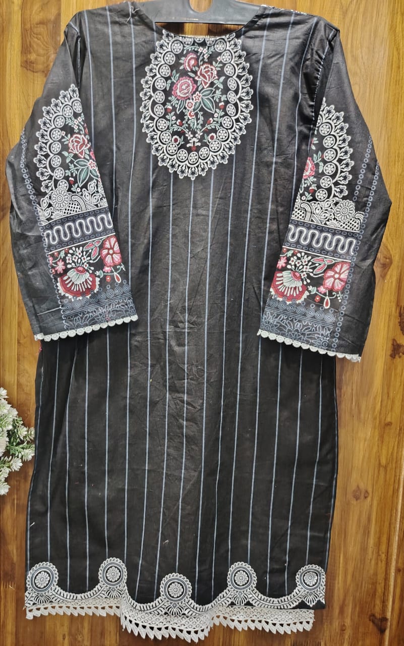 Black Digital printed Cotton Kurti pant Dupatta Set