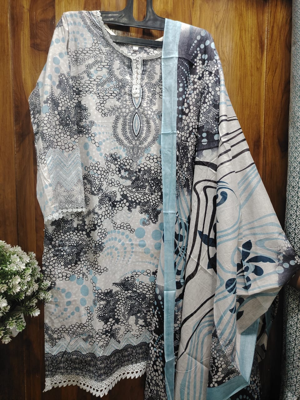 White Digital printed  Cotton Kurti pant Dupatta Set