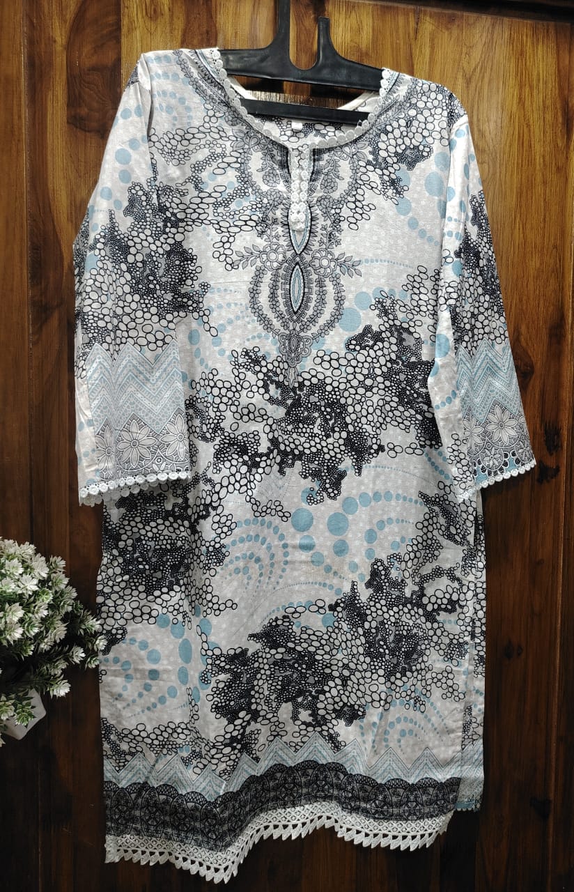 White Digital printed  Cotton Kurti pant Dupatta Set