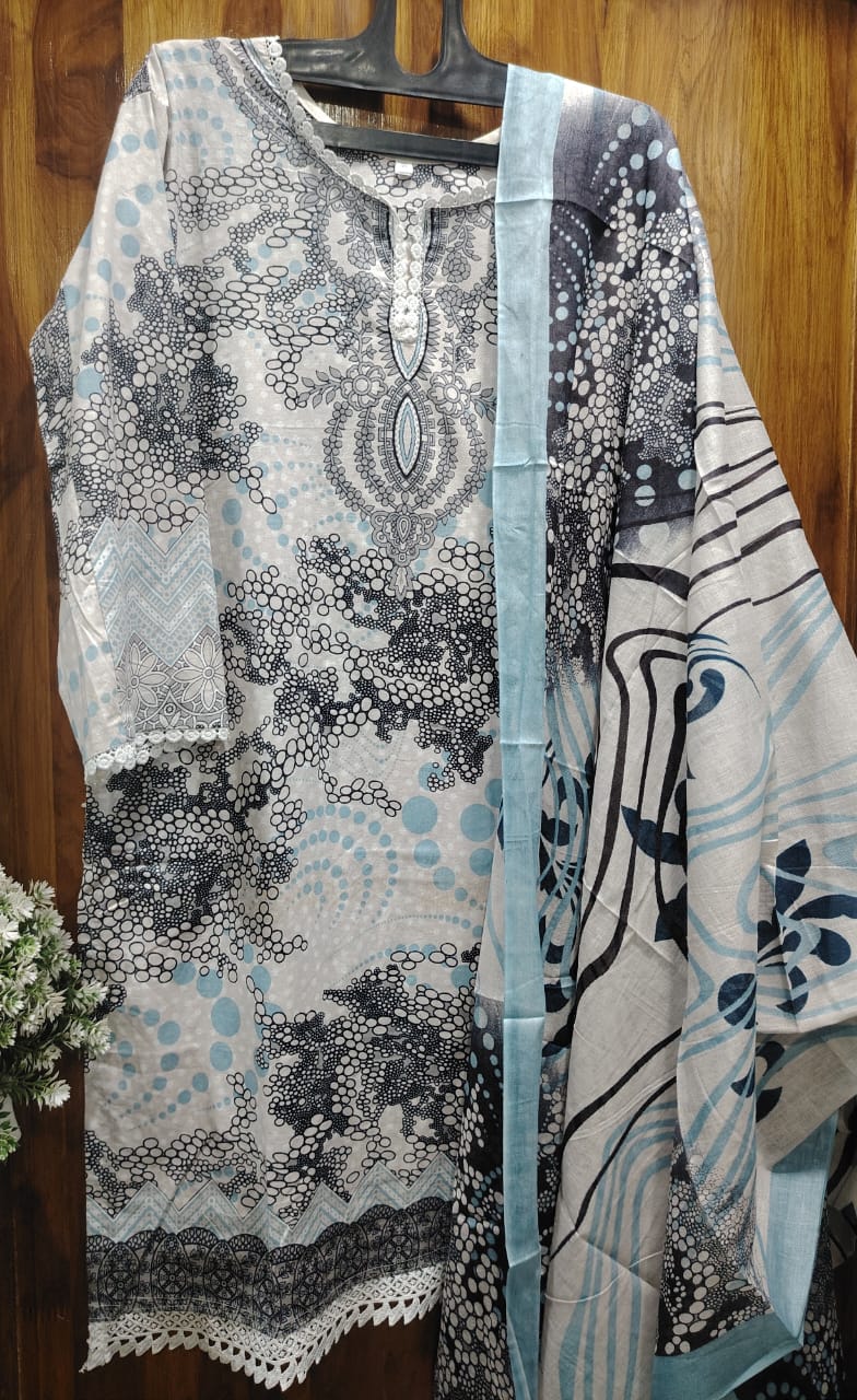 White Digital printed  Cotton Kurti pant Dupatta Set