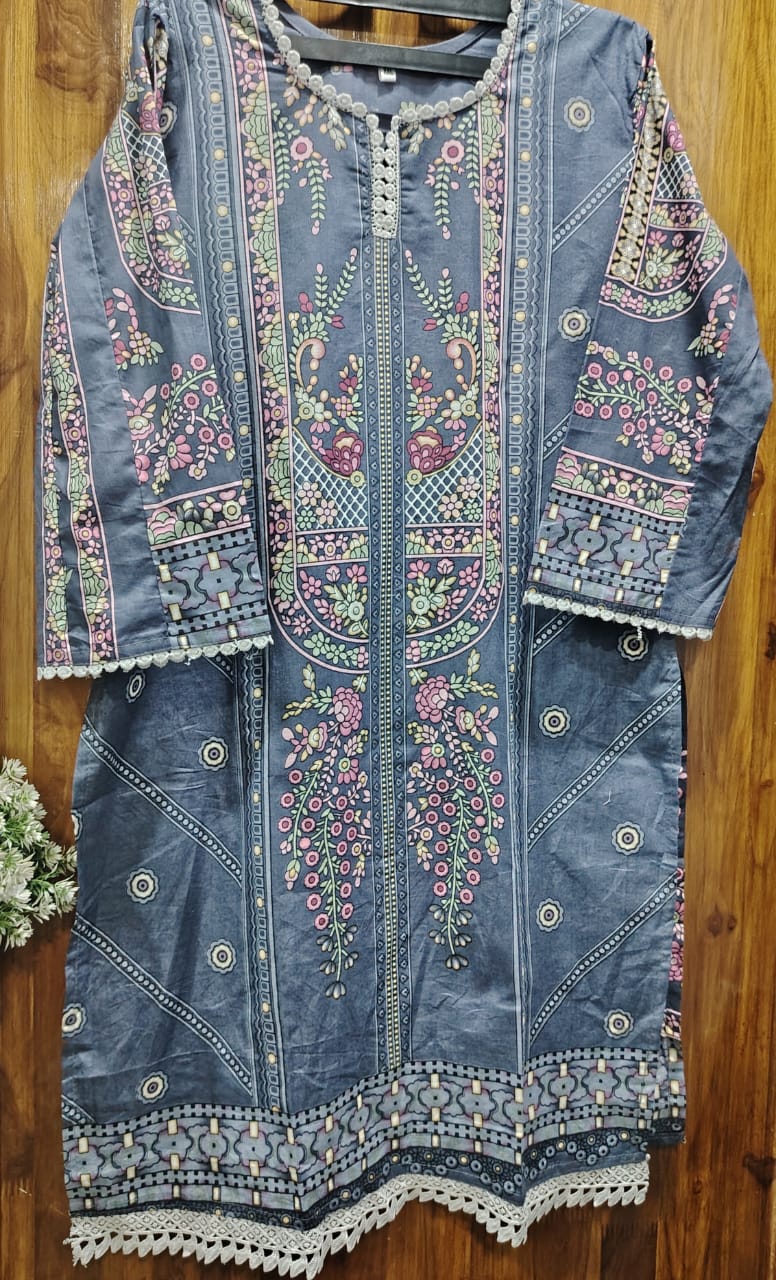 Grey Digital printed  Cotton Kurti pant Dupatta Set