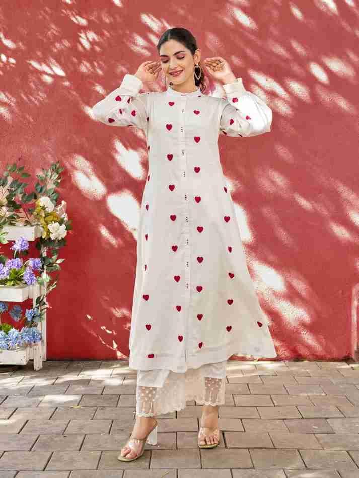 Heart Bloom  White Kurti With Pant Set