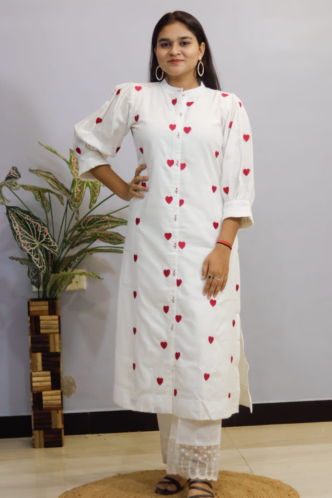 Heart Bloom  White Kurti With Pant Set