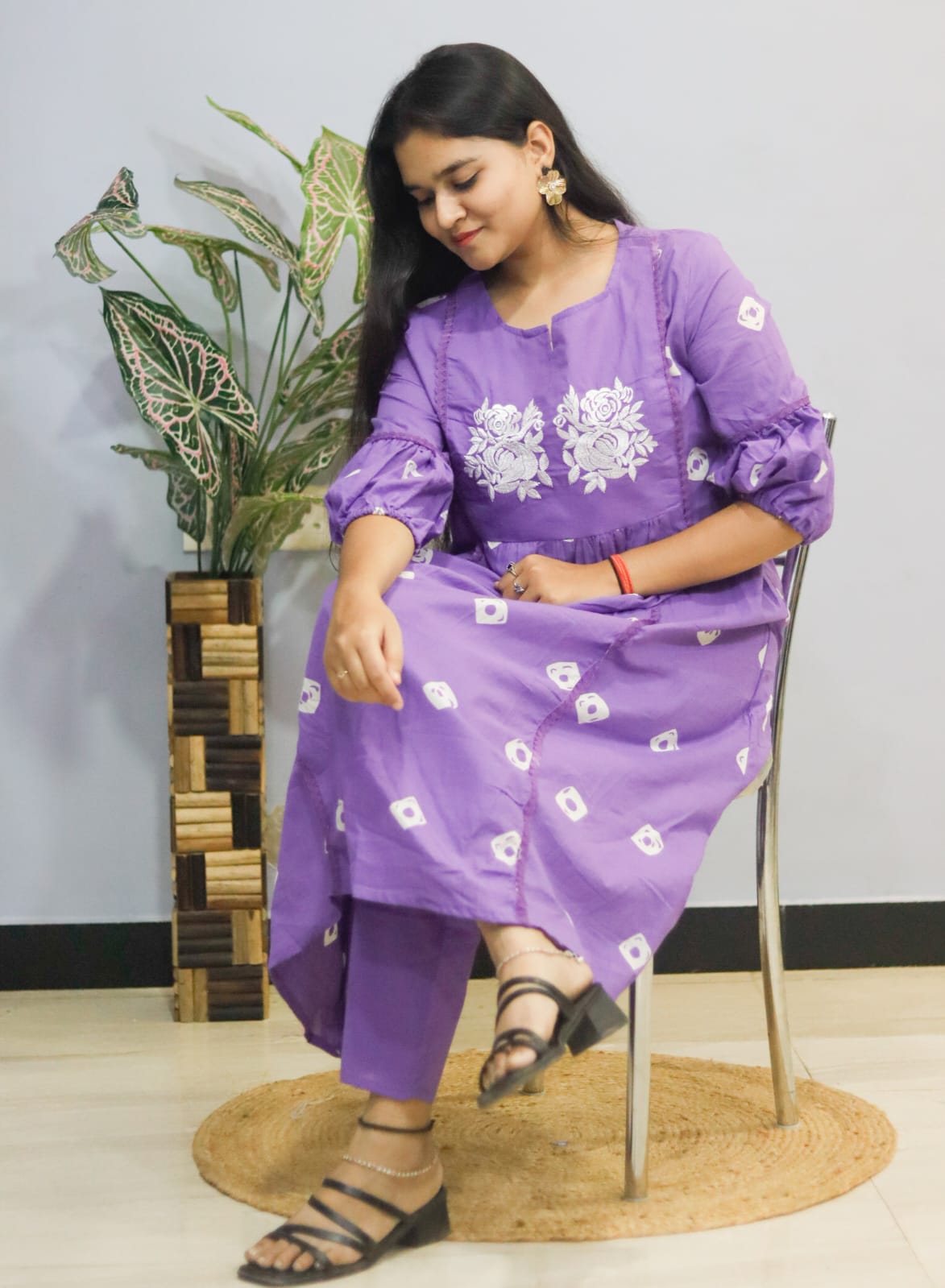 Lavender Grace Embroidered Kurti With Pant Set