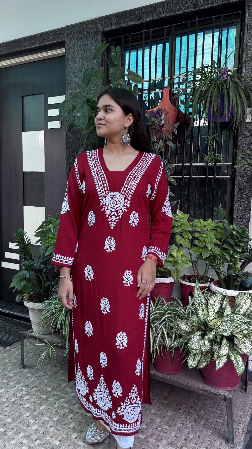 Maroon Rose desine   Embroidered Chikankari Kurti.