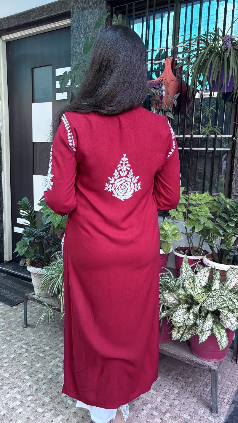 Maroon Rose desine   Embroidered Chikankari Kurti.