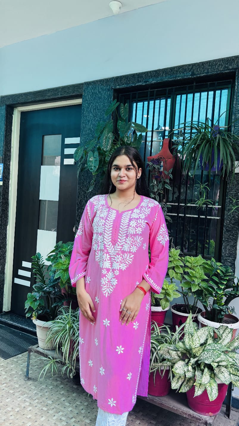 pink elegant rayon Chikan kari kurti,  embroidery.