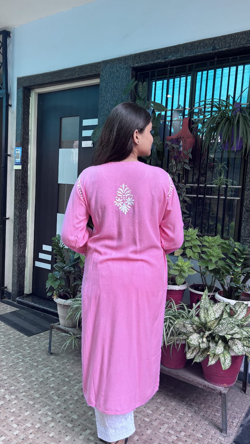 pink elegant rayon Chikan kari kurti,  embroidery.