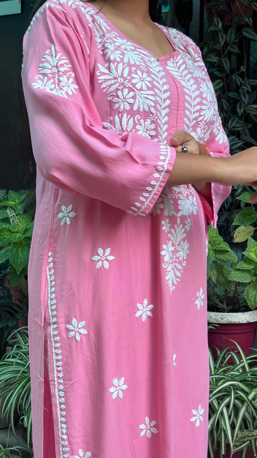 pink elegant rayon Chikan kari kurti,  embroidery.