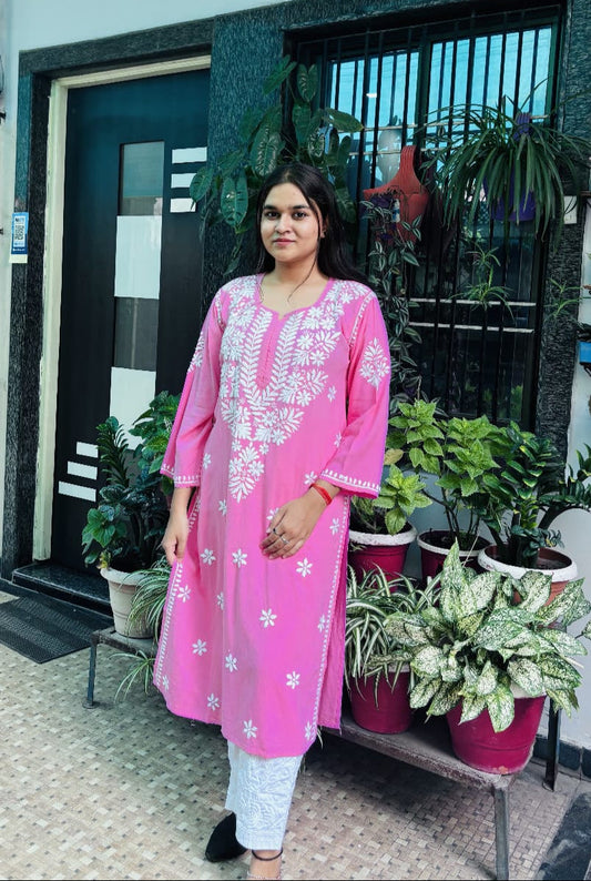 pink elegant rayon Chikan kari kurti,  embroidery.