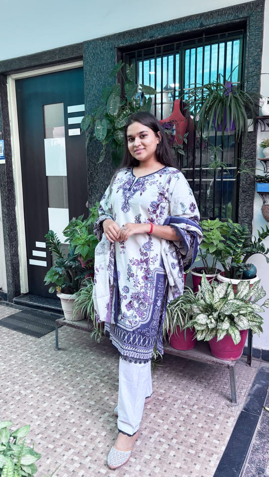 Soft Off-White Base & Deep Purple Floral  Digital printed cotton kurti pant dupatta set