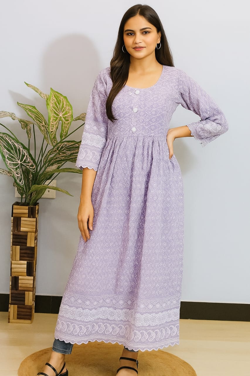 "Lavender Chikankari Frock Kurti
