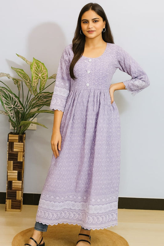 "Lavender Chikankari Frock Kurti
