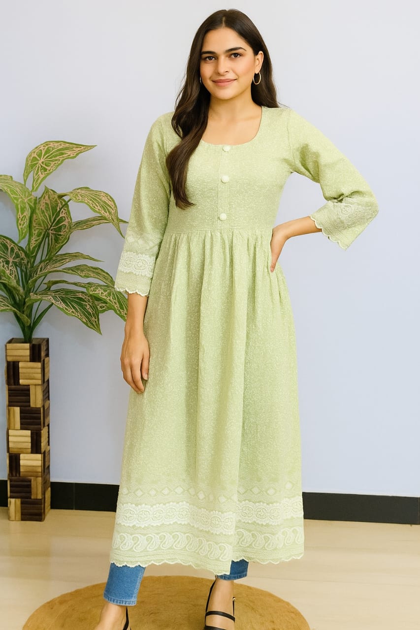 Pista Green  Chikankari Frock Kurti
