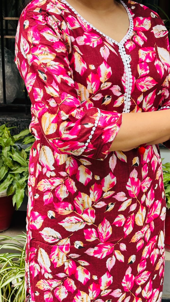 Maroon Floral Printed cotton kurti