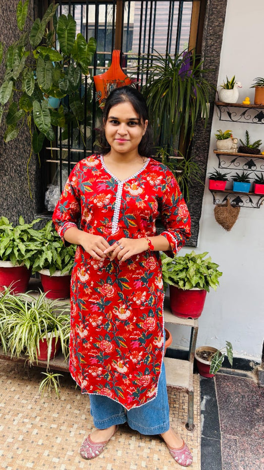 Red Multicolur Printed Cotton Kurti