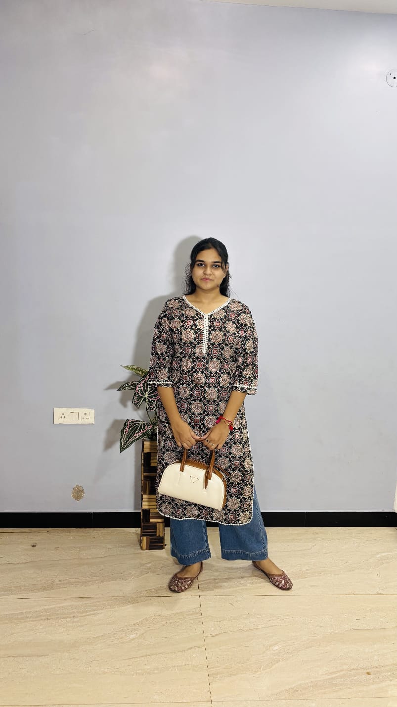 Black Multicolor Printed Cotton Kurti