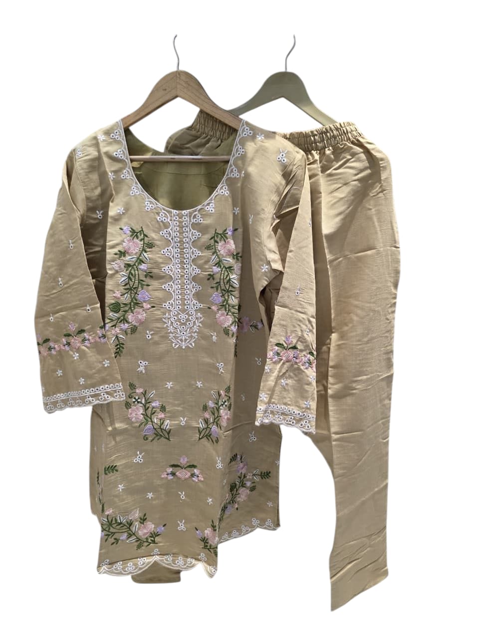 Light Brown with Pink & Green Floral Embroidery Pakistani Cord Set
