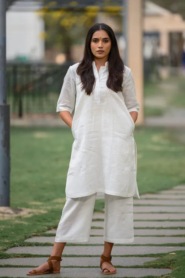 White  khadi cotton kurti pant cord set for working women